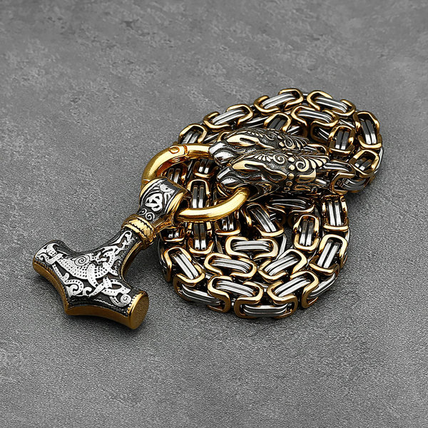 Thors Hammer Edelstahl Halskette Königskette silber gold Wikingerschmuck Nordische Mythologie