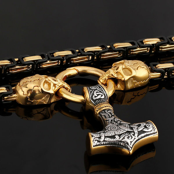 Thors Hammer Edelstahl Halskette Königskette Schwarz Gold Wikingerschmuck Nordische Mythologie